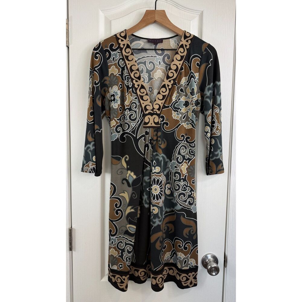 Hale Bob Women's Paisley Brown Black Print 3/4 Sleeve Dress Size M Medium